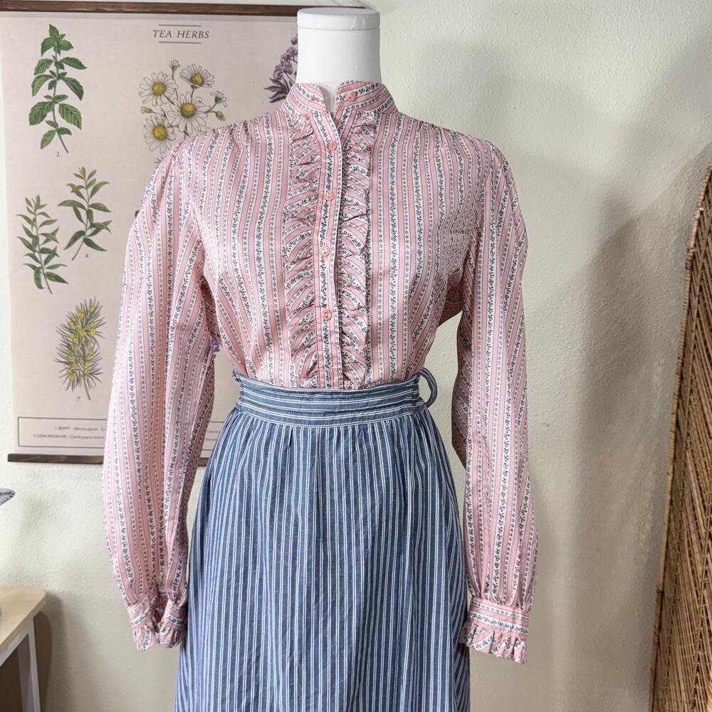 Vintage Ruffle Floral Stripe Button Up Top Cottage Romantic Prairie Coquette S